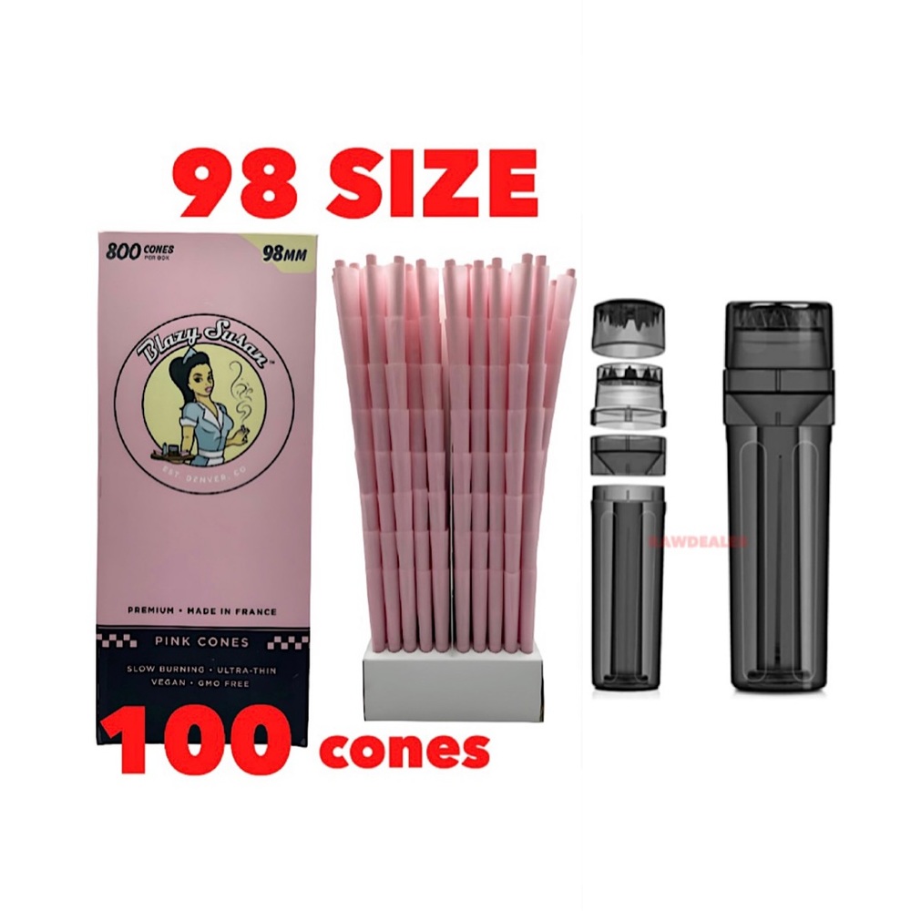 Blazy Susan pink cones 98mm 98 size 100 cones + portable 3in1 grinder